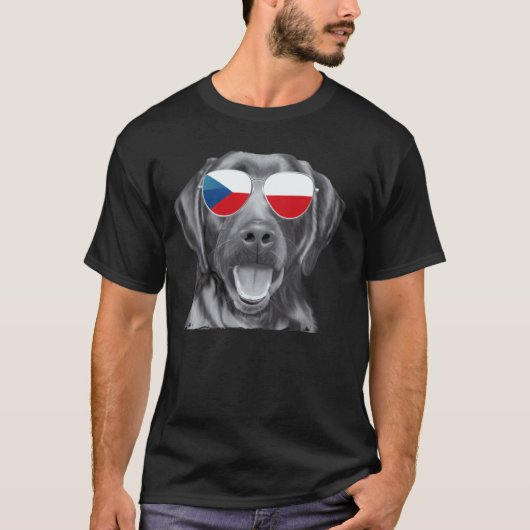 チェコ国旗サングラス 黒ラブラドール・レトリーバー Tシャツ (正面)