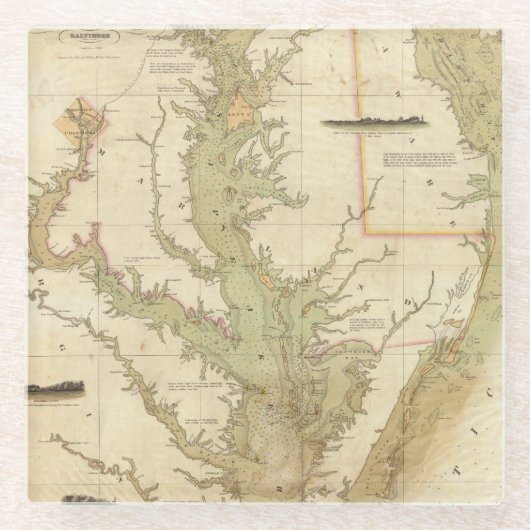 チェサピークおよびデラウェア湾の図表 ガラスコースター (正面)