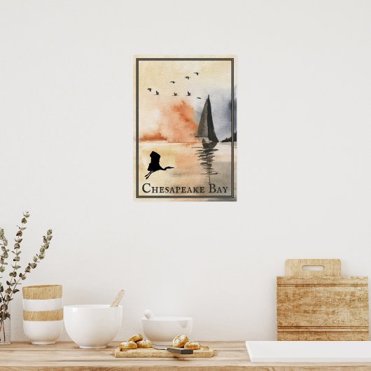 チェサピーク湾の帆船と鳥の夕日 ポスター (キッチン)