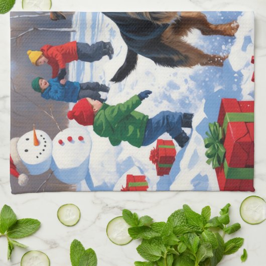 チェサピーク湾リトリエバー雪とクリスマスハット キッチンタオル (折り畳み)