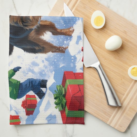 チェサピーク湾リトリエバー雪とクリスマスハット キッチンタオル (四つ折り)