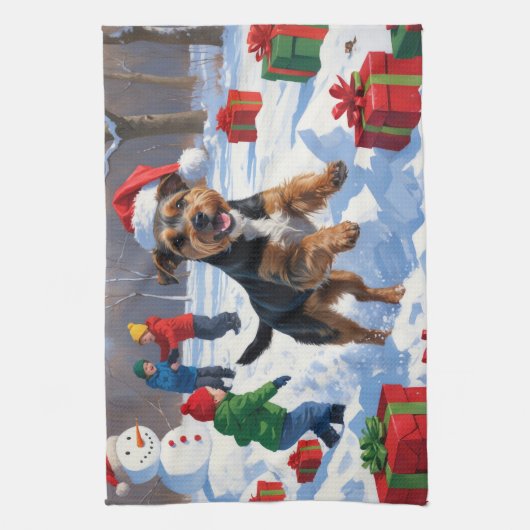 チェサピーク湾リトリエバー雪とクリスマスハット キッチンタオル (縦)