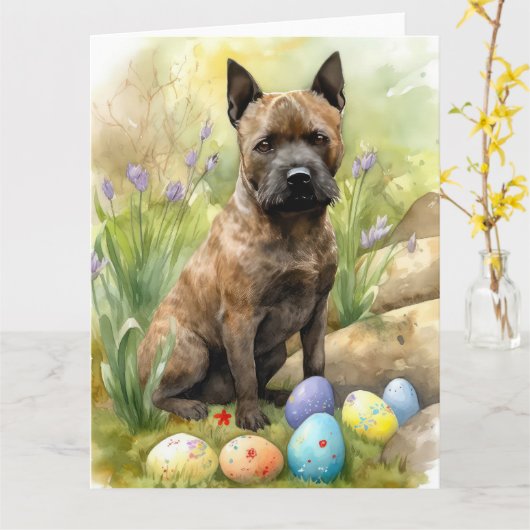 チェサピーク・ベイ・テリアとイースター・エッグホリデー カード (黄色い花)