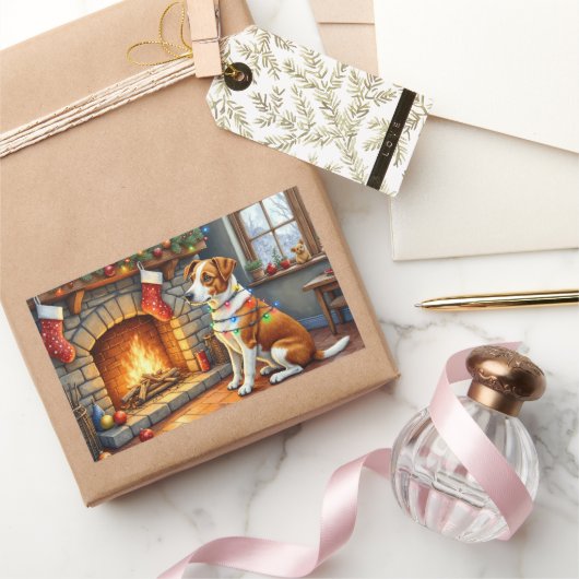 チェサピーク・ベイ・テリアのクリスマス 暖炉とイルミネーション 長方形シール (ギフト)
