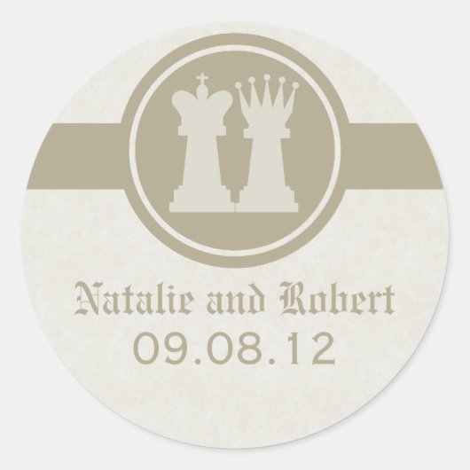 チェスのキングとクイーンの結婚式用シール、ラテ ラウンドシール (正面)