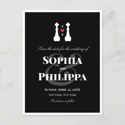 チェスのクイーン·ピースレズビアン·ウェディング·セーブ·ザ·デート 案内ポストカード (正面)