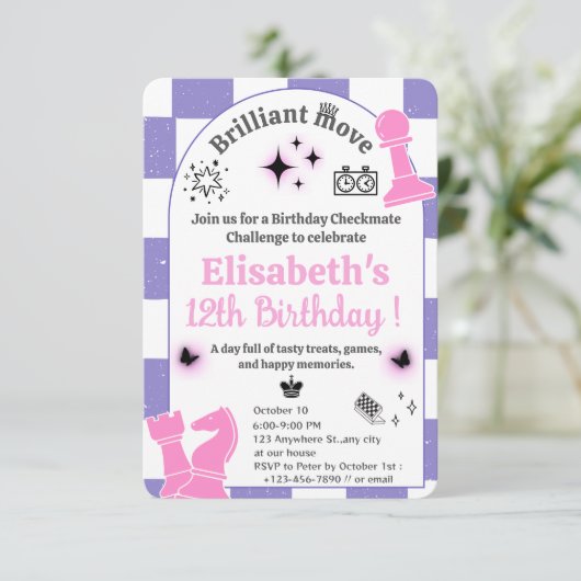 チェスのトーナメントの誕生日パーティーのための女の子テーマ2 招待状 (スタンド正面)