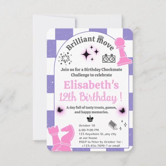 チェスのトーナメントの誕生日パーティーのための女の子テーマ2 招待状 (正面)