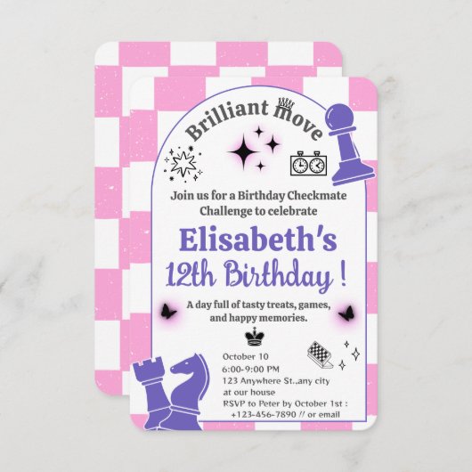 チェスのトーナメントの誕生日パーティーのための女の子テーマ 招待状 (正面/裏面)