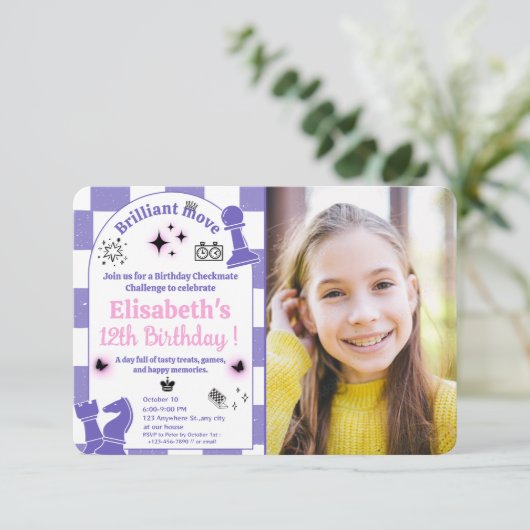 チェスのトーナメントの誕生日パーティー女の子の写真3 招待状 (スタンド正面)