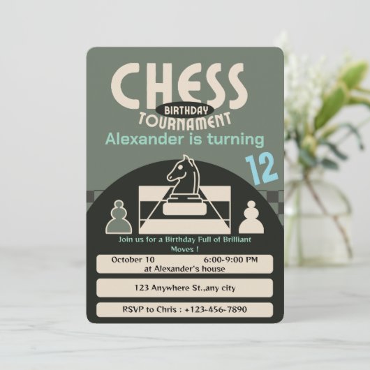 チェスのトーナメント誕生日パーティグリーンテーマゲーム 招待状 (スタンド正面)