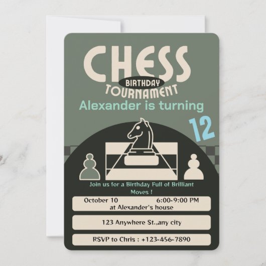 チェスのトーナメント誕生日パーティグリーンテーマゲーム 招待状 (正面)