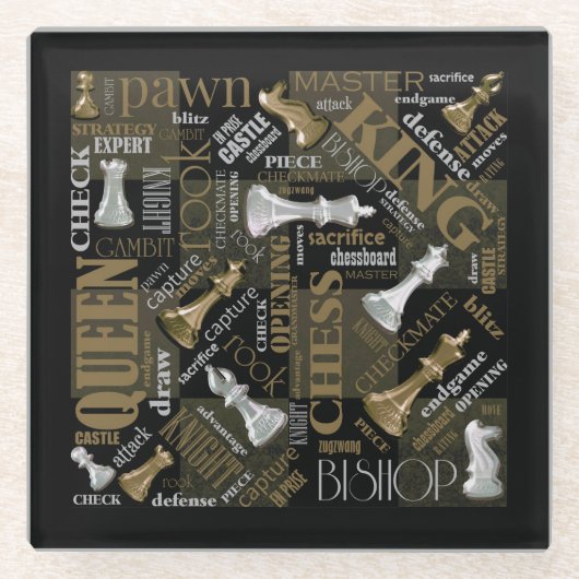 チェスの用語とピース銀と金ゴールドID784 ガラスコースター (正面)