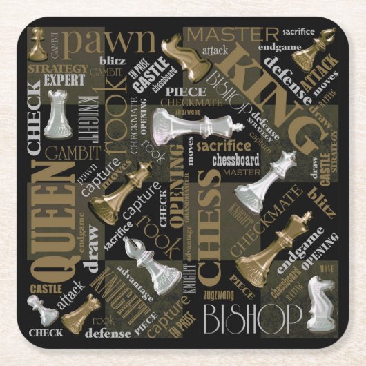 チェスの用語とピース銀と金ゴールドID784 スクエアペーパーコースター (正面)