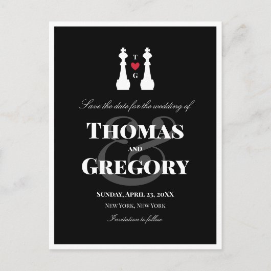 チェスの白い王様の駒のゲイ結婚式の日付を保存 案内ポストカード (正面)