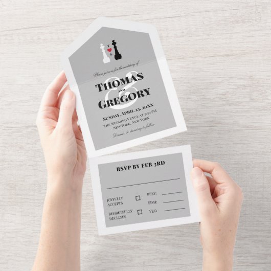 チェスの駒がモチーフのゲイウェディング 黒白のキング チェス ピース オールインワン招待状 (貼ってはがせる)