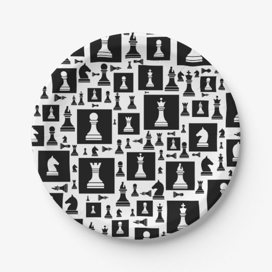 チェスの駒のパターン – 白黒 ペーパープレート (正面)