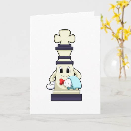 チェスの駒の王がサービス係の服を着てタオルを下げている カード (黄色い花)