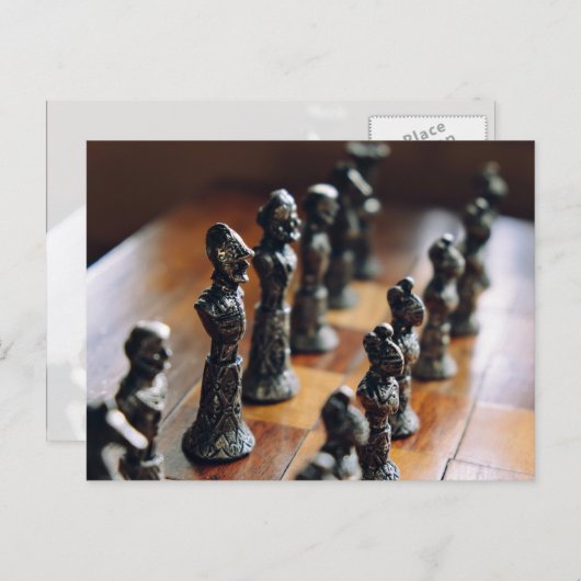 チェスをテーマにしたアンティークヴィンテージチェスのセットウッド ポストカード (正面/裏面)