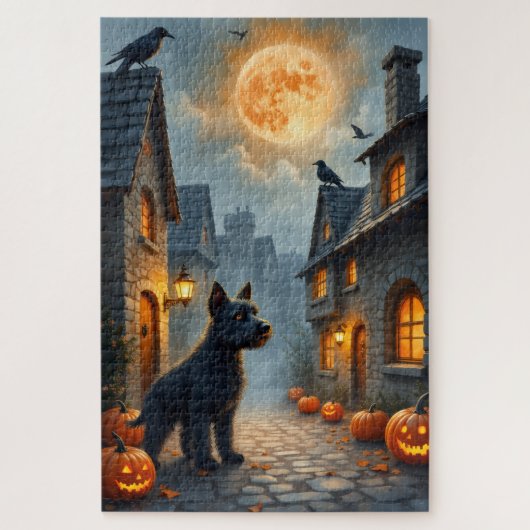チェスキー・テリアの中世ハロウィンビレッジアート ジグソーパズル (縦)