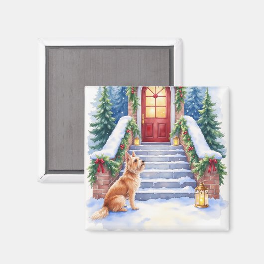チェスキー・テリア 雪の階段 クリスマスアート マグネット (正面/裏面)