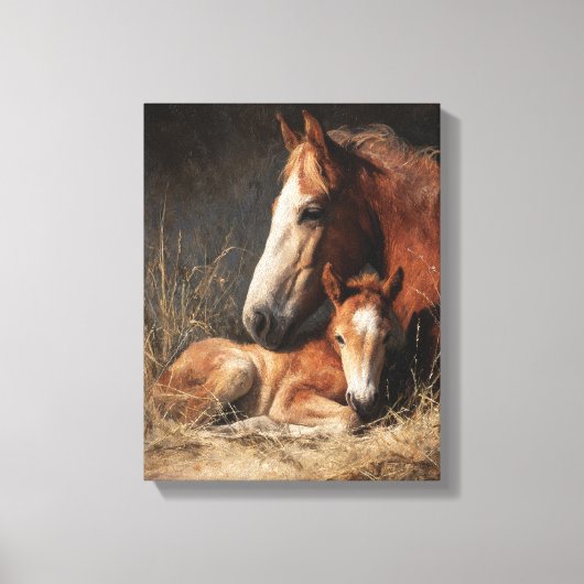 チェスナットの愛馬と仔馬の絵画 キャンバスプリント (正面)