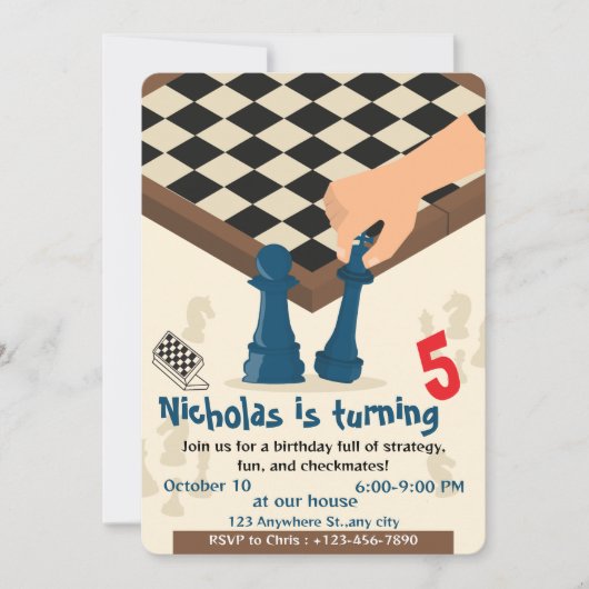 チェスボードの誕生日パーティー招待ゲームナイト 招待状 (正面)