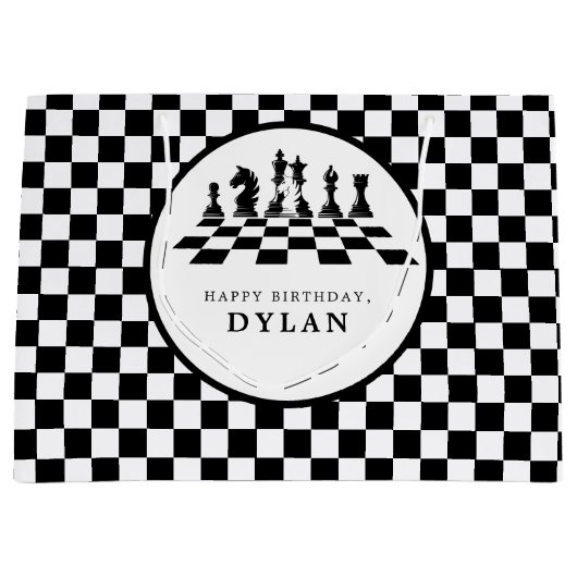 チェスボード&ピースゲーム夜ありがとう誕生日 ラージペーパーバッグ (正面)