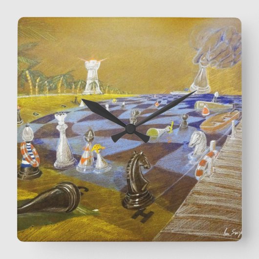 チェス時間 スクエア壁時計 (正面)