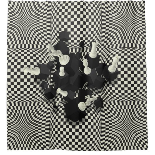 チェス盤および3D駒の構成 シャワーカーテン (正面)