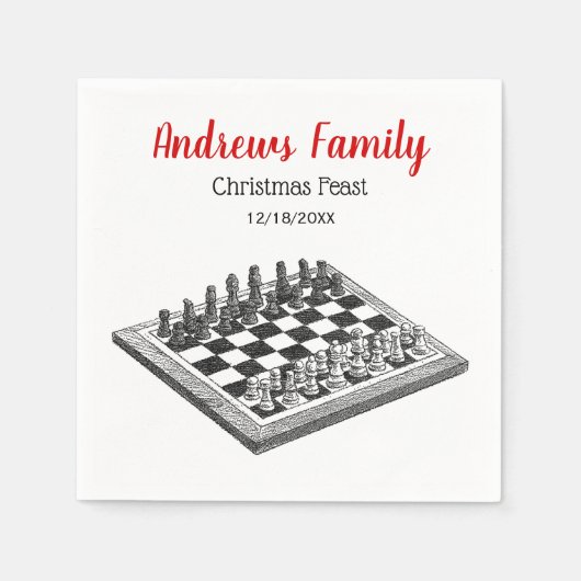 チェス盤とチェス駒のヴィンテージアートクリスマス スタンダードカクテルナプキン (正面)