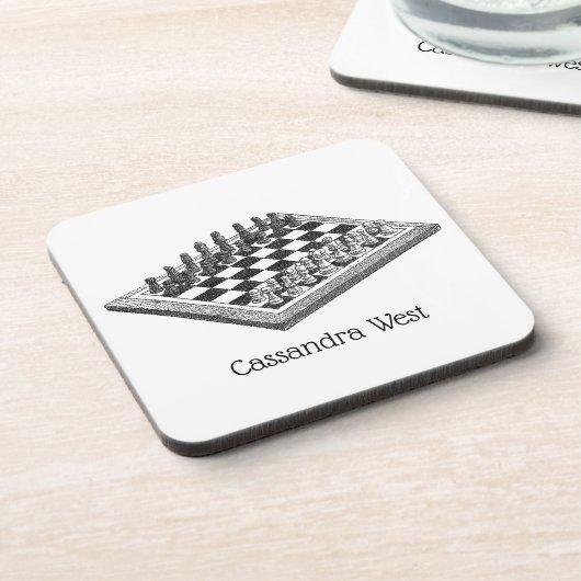 チェス盤とチェス駒のヴィンテージアート コースター (左側)