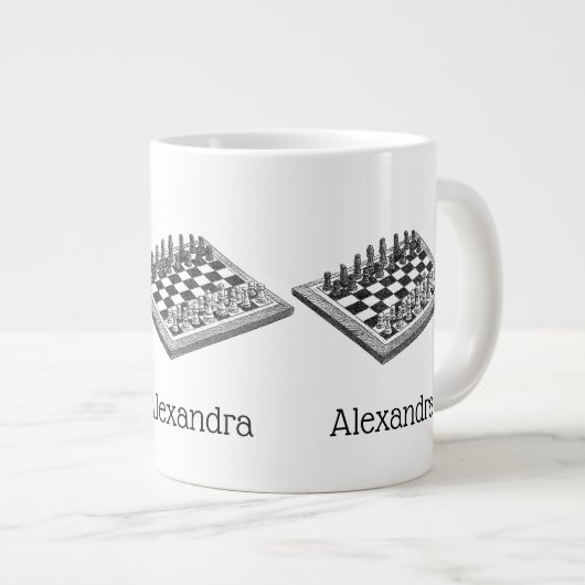チェス盤とチェス駒のヴィンテージアート ジャンボコーヒーマグカップ (正面右)