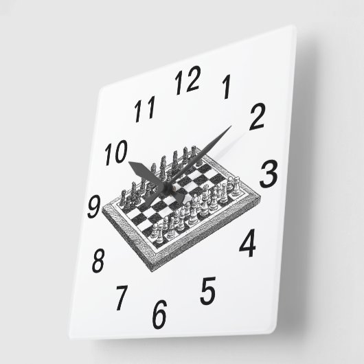 チェス盤とチェス駒のヴィンテージアート スクエア壁時計 (傾斜)