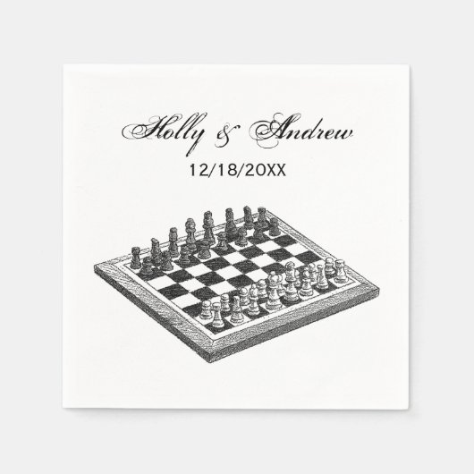 チェス盤とチェス駒のヴィンテージアート スタンダードカクテルナプキン (正面)