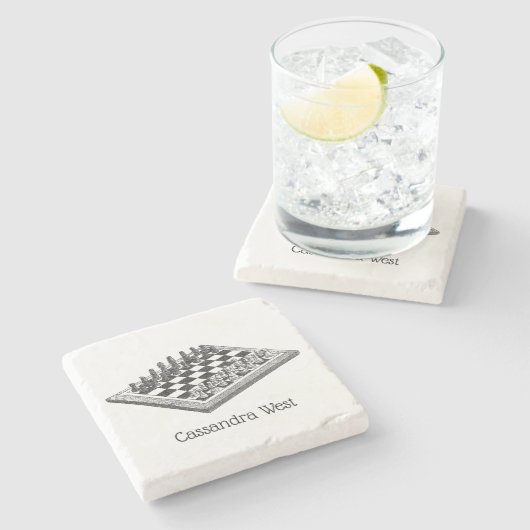 チェス盤とチェス駒のヴィンテージアート ストーンコースター (横)