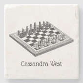 チェス盤とチェス駒のヴィンテージアート ストーンコースター (正面)