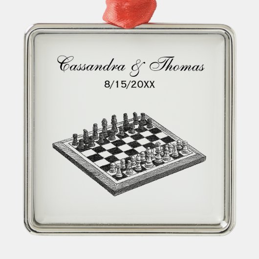 チェス盤とチェス駒のヴィンテージアート メタルオーナメント (正面)