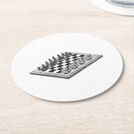 チェス盤とチェス駒のヴィンテージアート ラウンドペーパーコースター (アングル)
