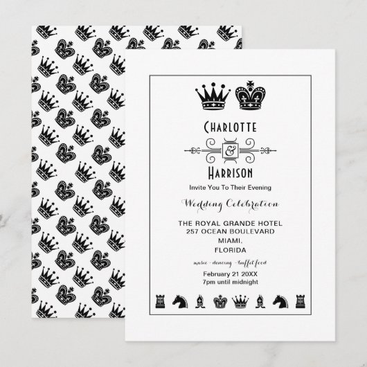 チェス盤のキングとクイーンを使ったゲームの夜の結婚式 招待状 (正面/裏面)