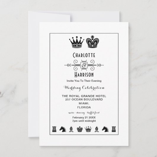 チェス盤のキングとクイーンを使った夜の結婚式 招待状 (正面)