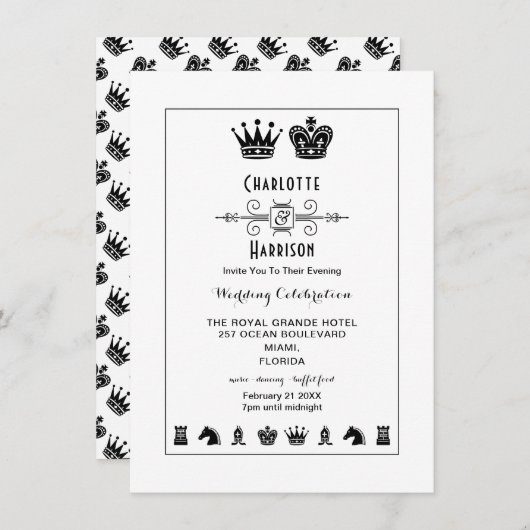 チェス盤の王と女王のゲームイブニングウェディング 招待状 (正面/裏面)