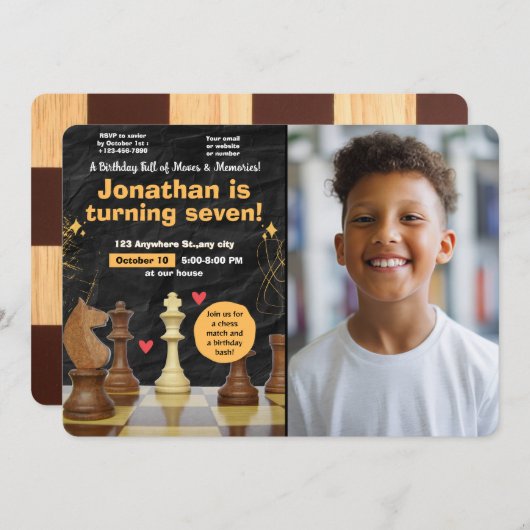 チェス誕生日パーティーゲーム招待状と写真 招待状 (正面/裏面)