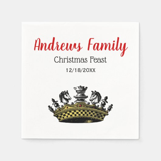 チェス駒の色を持つクリスマスヴィンテージクラウン スタンダードカクテルナプキン (正面)