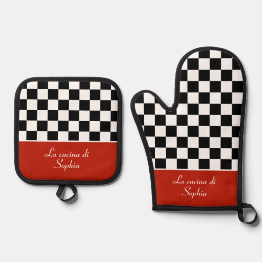 チェッイタリアンカーボードキッチンシェフ 鍋つかみ&鍋敷きセット (正面)