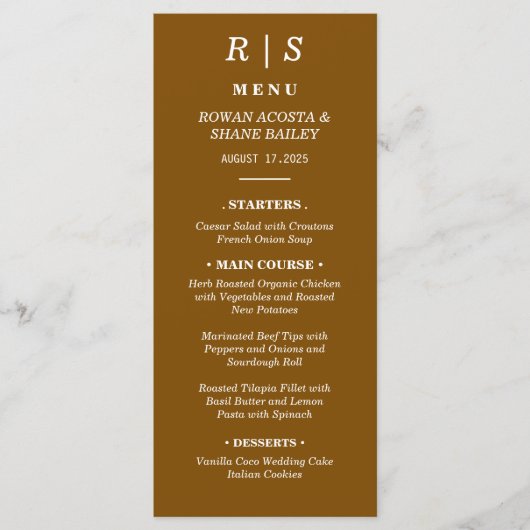 チェッエレガントチブラウンモノグラム結婚のメニューカード メニュー (正面)