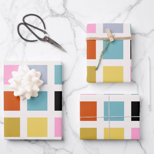 チェッカラフルクミッドセンチュリー幾何公差板 ラッピングペーパーシート (正面)