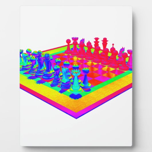 チェッカラフルスボードとチェスの駒 フォトプラーク (正面)