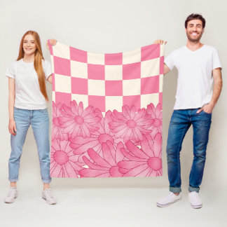 チェッカーフラワーパターンコケット フリースブランケット