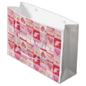 チェッカーボードのバレンタインの赤いピンク名門私立校風のクリーム ラージペーパーバッグ (正面アングル)